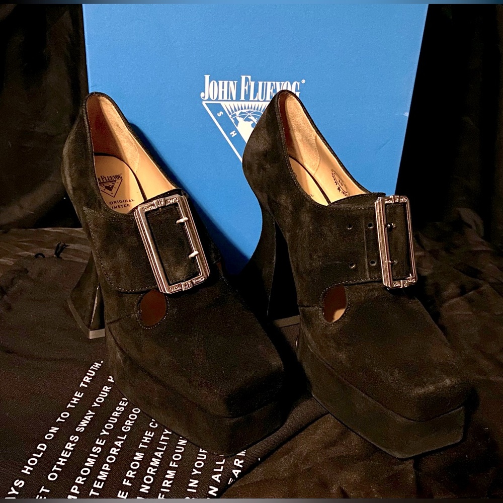 John Fluevog Black Suede Mega Munster Original Baroque Platform Heel sz US 10